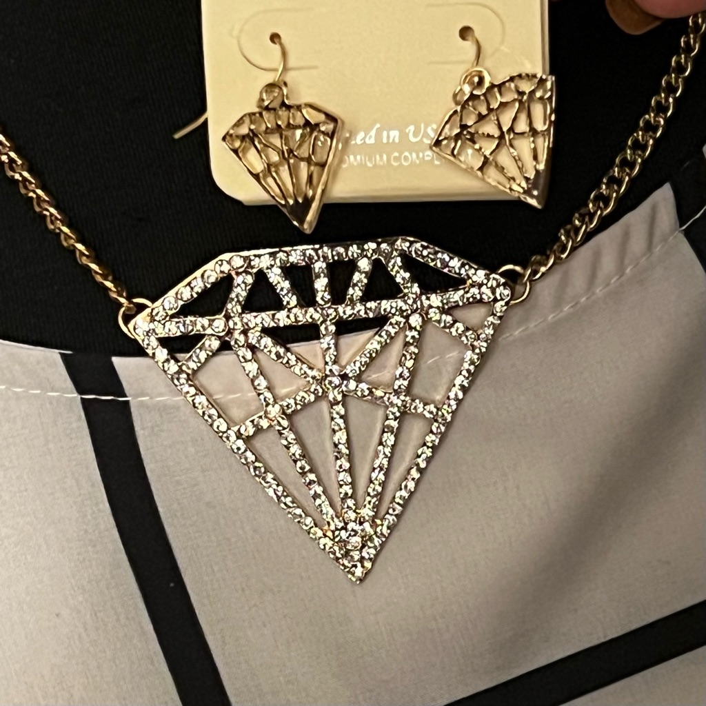 Esmor Large 2 Diamond Shape Rhinestoned Pendant Necklace Earring Set New 16$